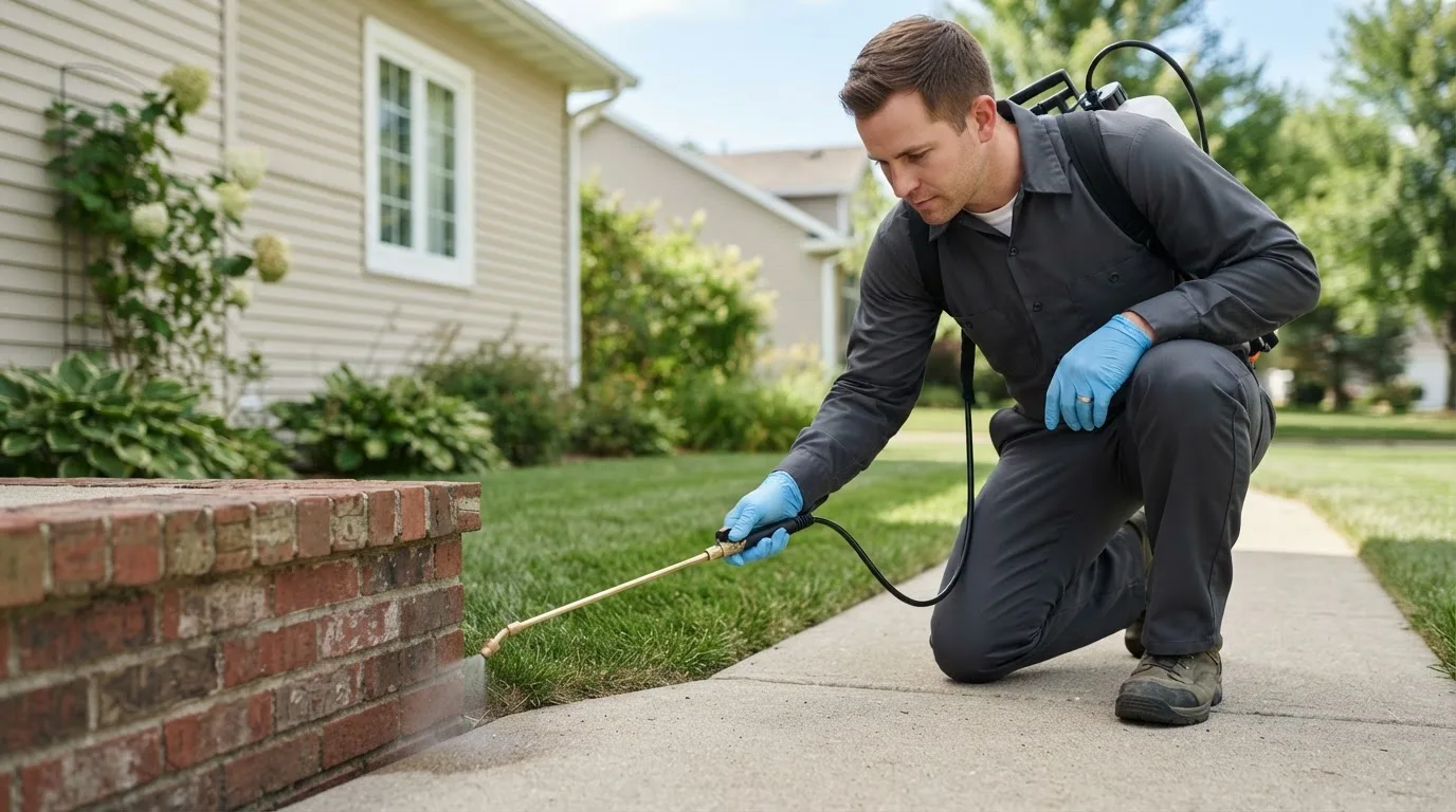 Pest control technician treating a home near New Salem, PA